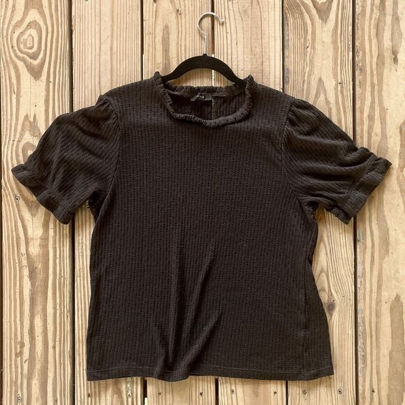 J.Crew Pointelle Black Knit Top - Ruffle Collar & Sleeves - Unlined - Women's XL - Picture 1 of 6